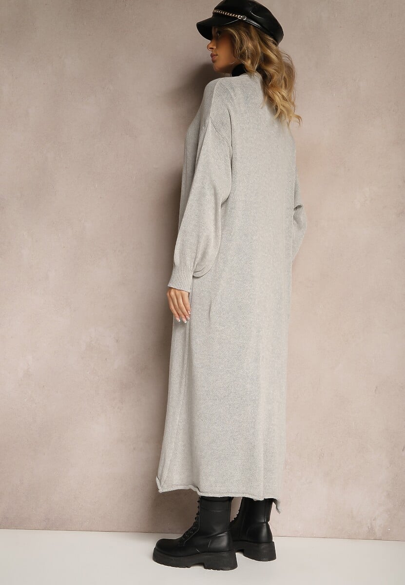 Szary Jednolity Kardigan o Przedłużonym Kroju ze Ściągaczami Terrin