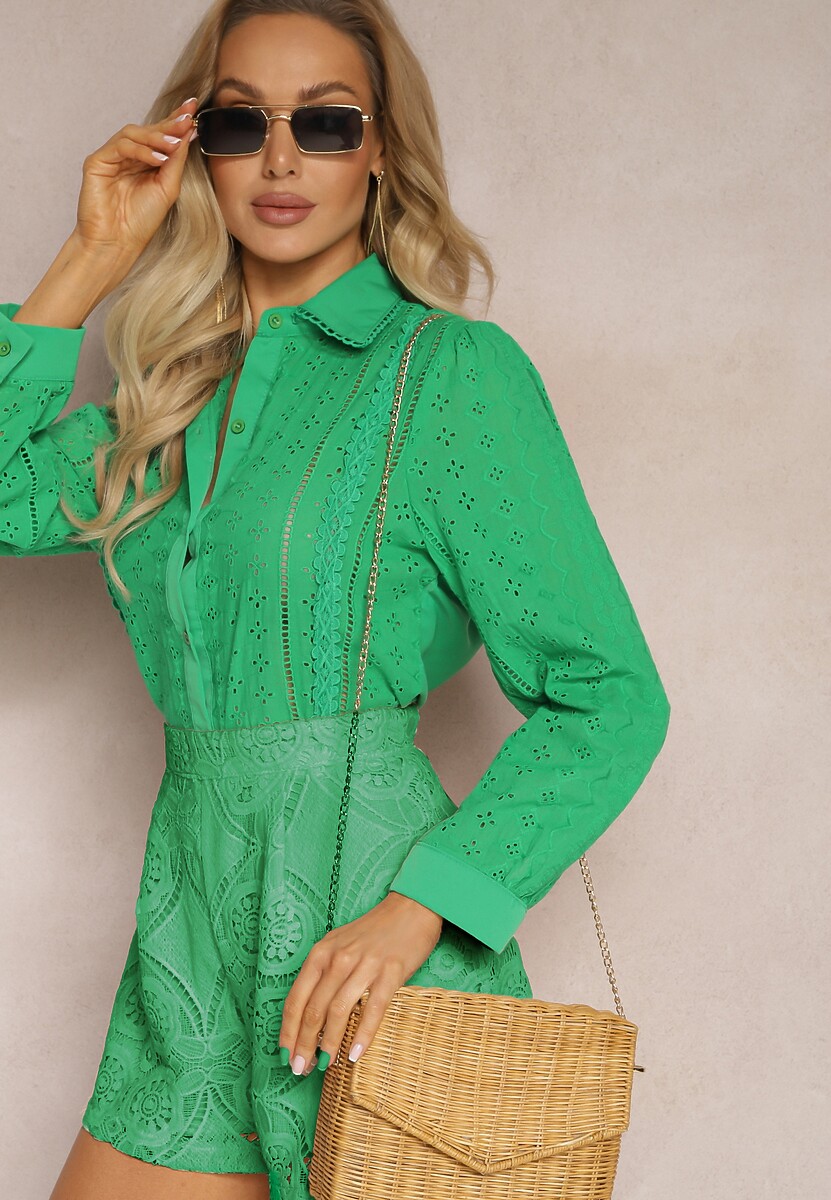 Zielona Koszula z Haftowanej Tkaniny w Stylu Boho Perphone