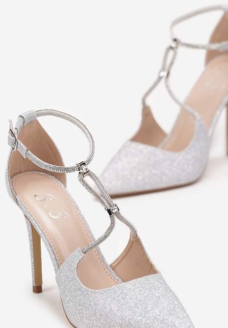 Srebrne Brokatowe Sandały na Szpilce z Paskami w Cyrkonie Nikante