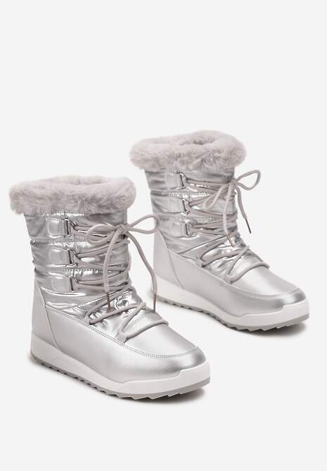 Srebrne Sznurowane Śniegowce z Ozdobnym Futerkiem Betmiga