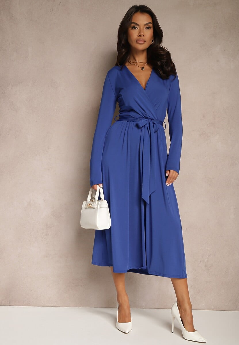 Niebieska Taliowana Sukienka z Paskiem z Domieszką Wiskozy Hrestalia