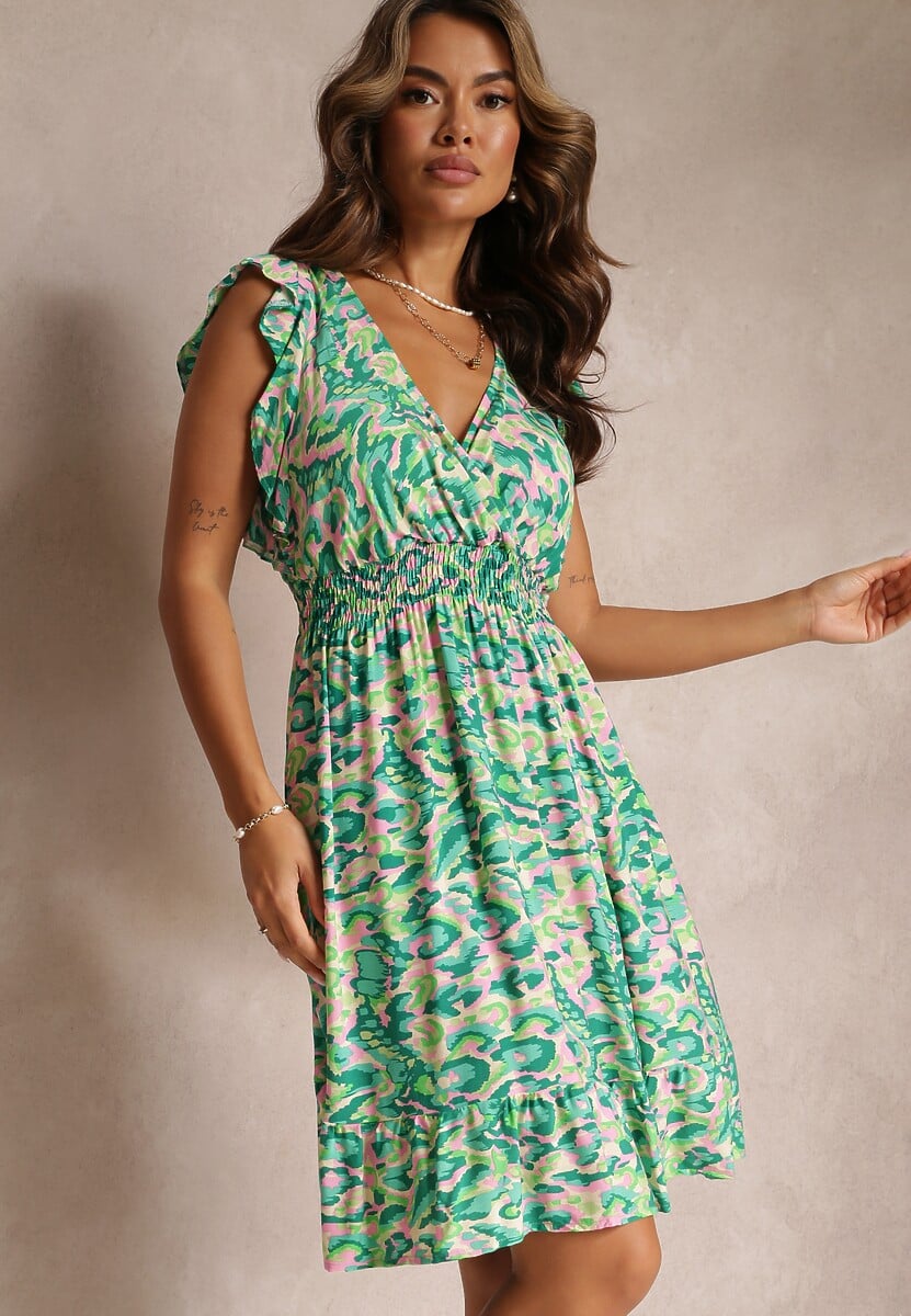 Pomarańczowa Sukienka z Falbanką i Kopertowym Dekoltem Leanah