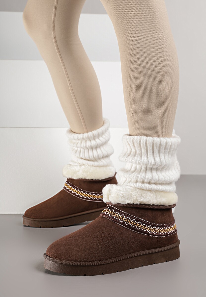 Ciemnobrązowe Rustykalne Śniegowce z Imitacji Zamszu z Haftem i Futerkiem Zetilda