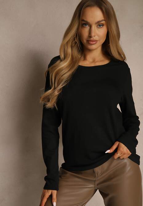 Czarna Casualowa Bluzka Longsleeve z Okrągłym Dekoltem Unaladesa