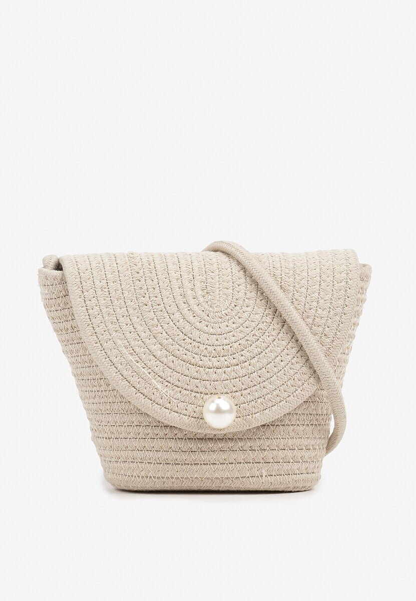 Ciemnobeżowa Szydełkowa Torebka z Bawełny Typu Listonoszka z Perełką Savrine