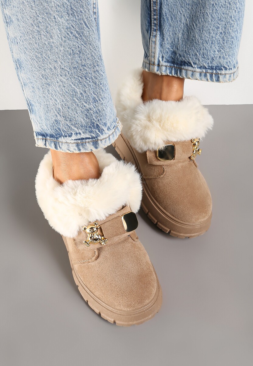 Ciemnobeżowe Śniegowce na Platformie z Metaliczną Aplikacją i Klamrą Izareth