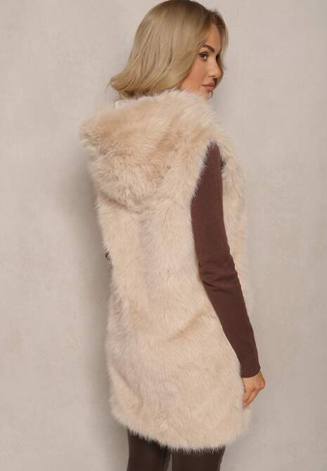 Beżowa Kamizelka z Futerkiem i Kapturem o Prostym Kroju Sinavira