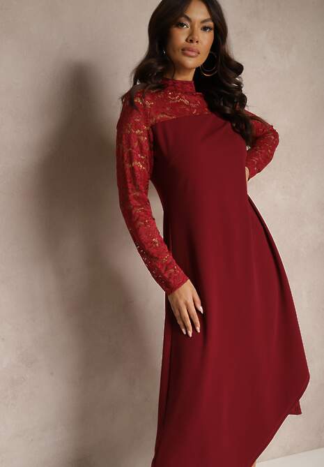 Bordowa Taliowana Sukienka o Rozkloszowanym Kroju Ozdobiona Koronką Edamora