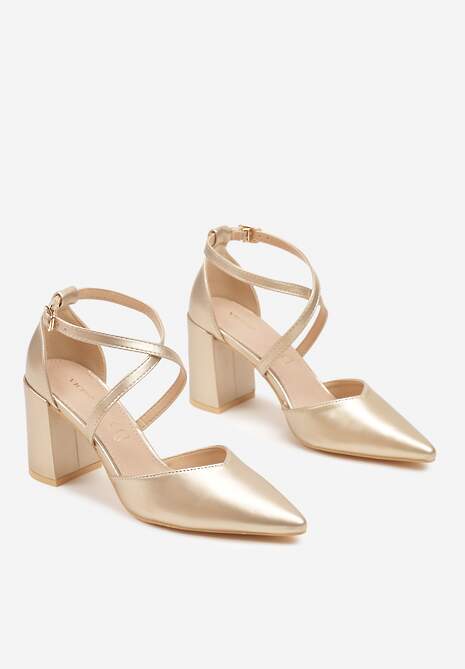 Złote Czółenka Vices na Słupku ze Skórzaną Wkładką Ozdobione Paskami Learelia