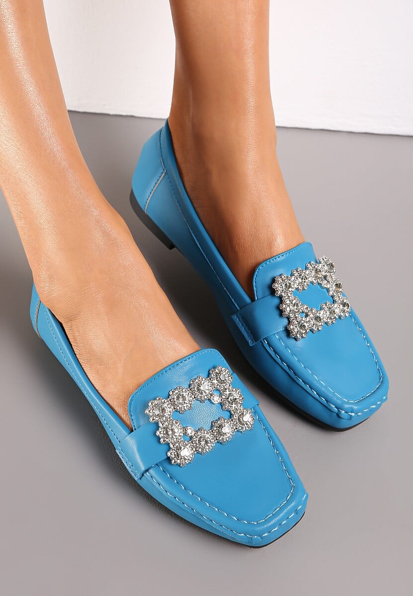 Niebieskie Płaskie Mokasyny z Kwadratowym Noskiem Ozdobionym Kryształkami Celeshta
