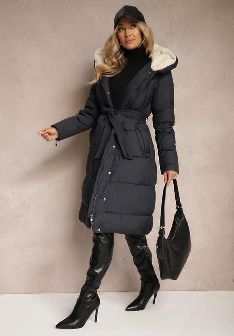 Granatowa Długa Kurtka Pikowana z Kapturem Wiązana w Pasie Neanethra