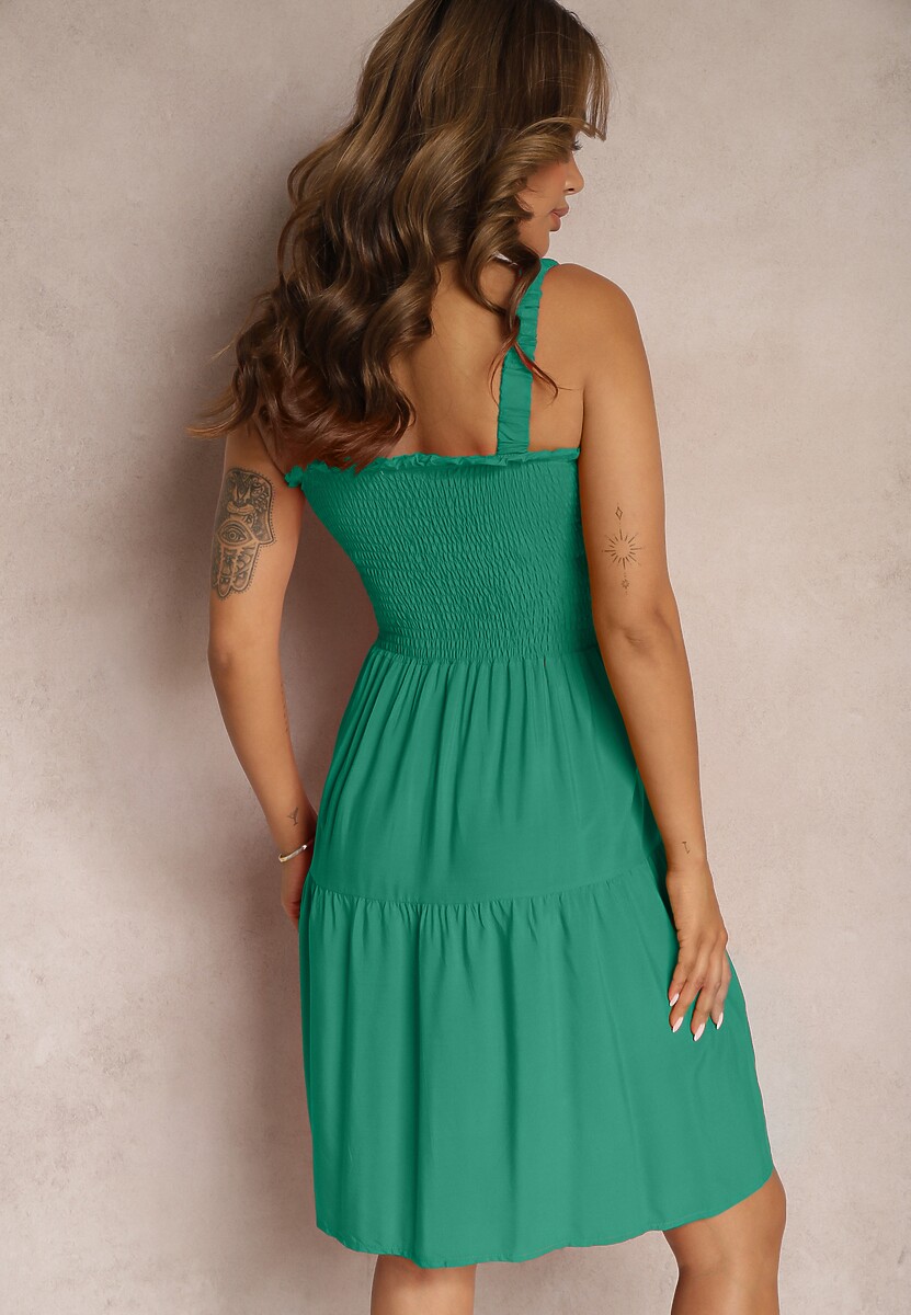 Ciemnozielona Sukienka na Ramiączkach z Falbanką i Gumką w Pasie Tiamare