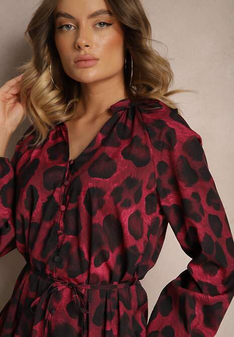 Bordowa Sukienka w Panterkowy Print o Rozkloszowanym Kroju z Wiązaniem w Talii Ameriana