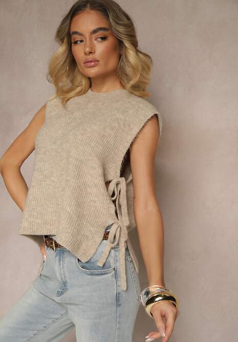 Beżowa Kamizelka z Dzianiny z Wełną i Wiskozą Zdobiona Wiązaniami Annivoriae