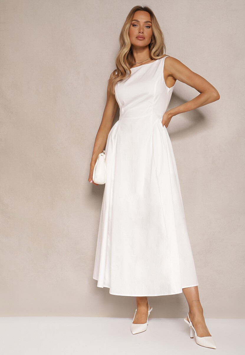 Czarna Rozkloszowana Sukienka Koktajlowa z Bawełny z Dekoltem Łódką i Kieszeniami Fanilra