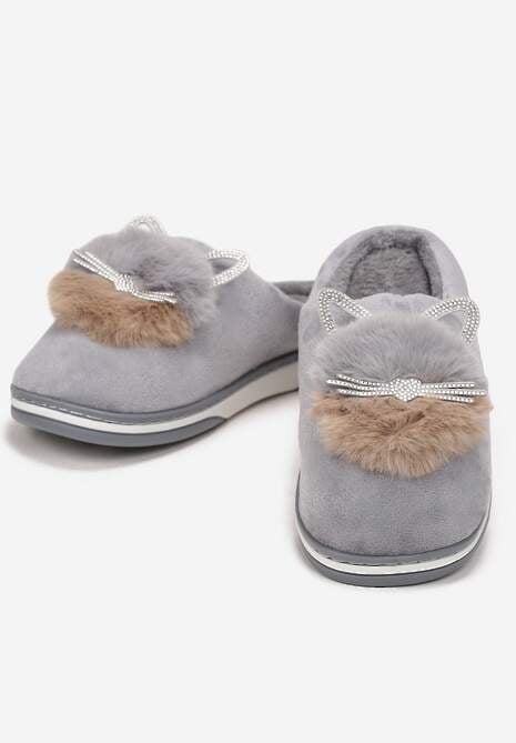 Szare Kapcie Futrzane z Kotkiem Leze