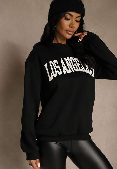 Czarna Bluza z Bawełną Ozdobiona  Napisem Fezolda