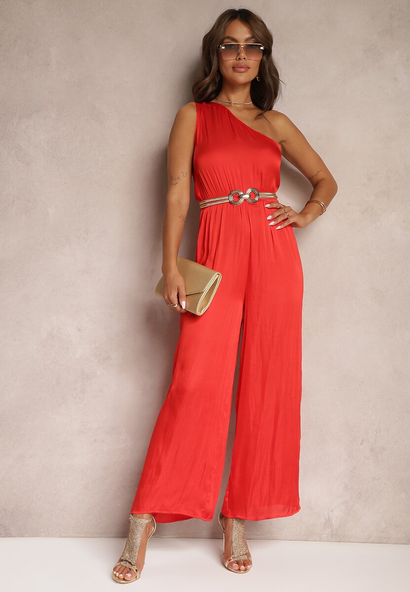 Czerwony Koktajlowy Kombinezon na Jedno Ramię z Szerokimi Nogawkami i Gumką w Talii Vimalitas