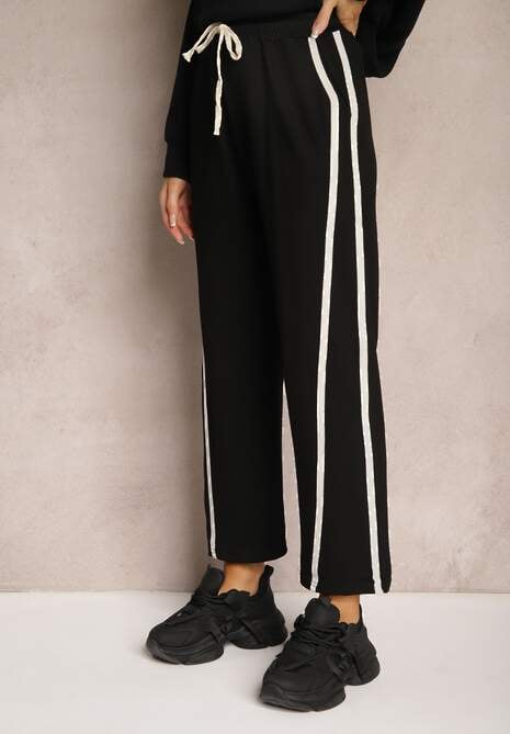 Czarne Spodnie z Wiskozą High Waist o Szerokim Kroju Ozdobione Lamówką Lulora