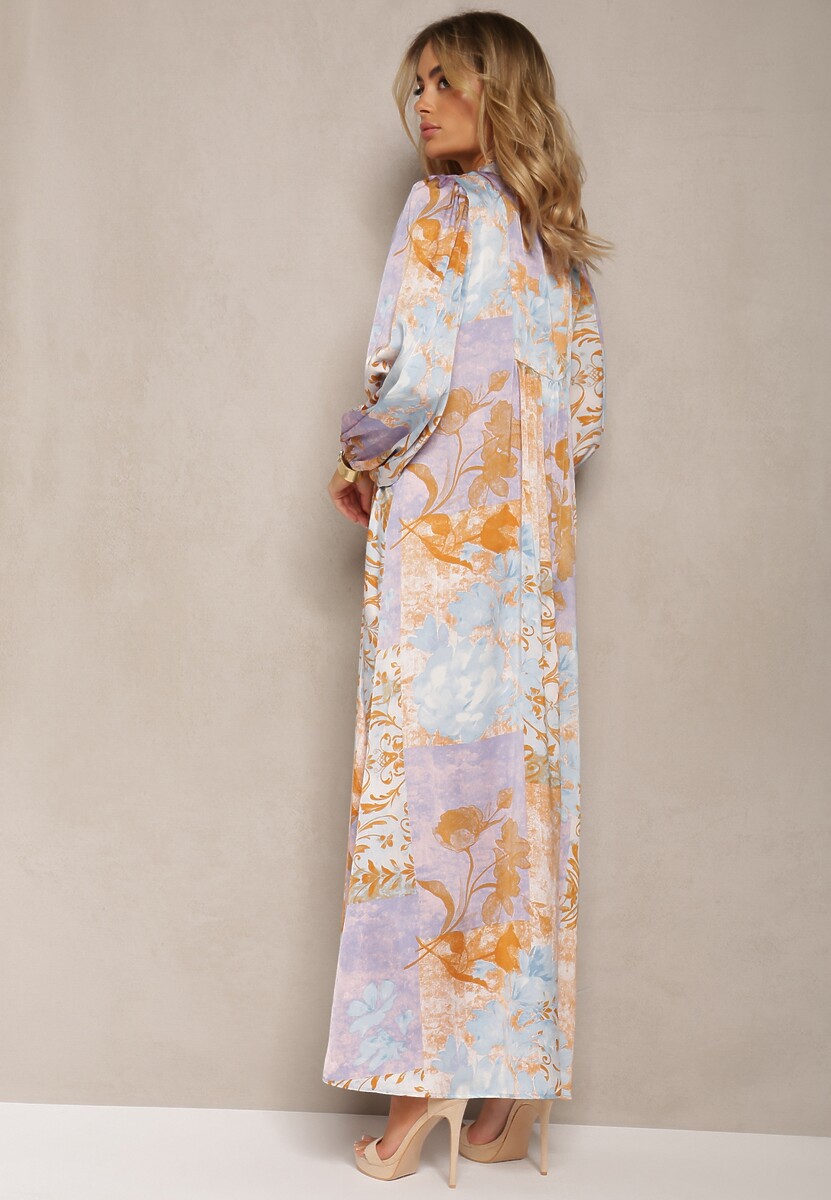 Niebiesko-Fioletowa Długa Sukienka z Szerokimi Rękawami z Gumką i Ozdobnym Marszczeniem Tamiafe