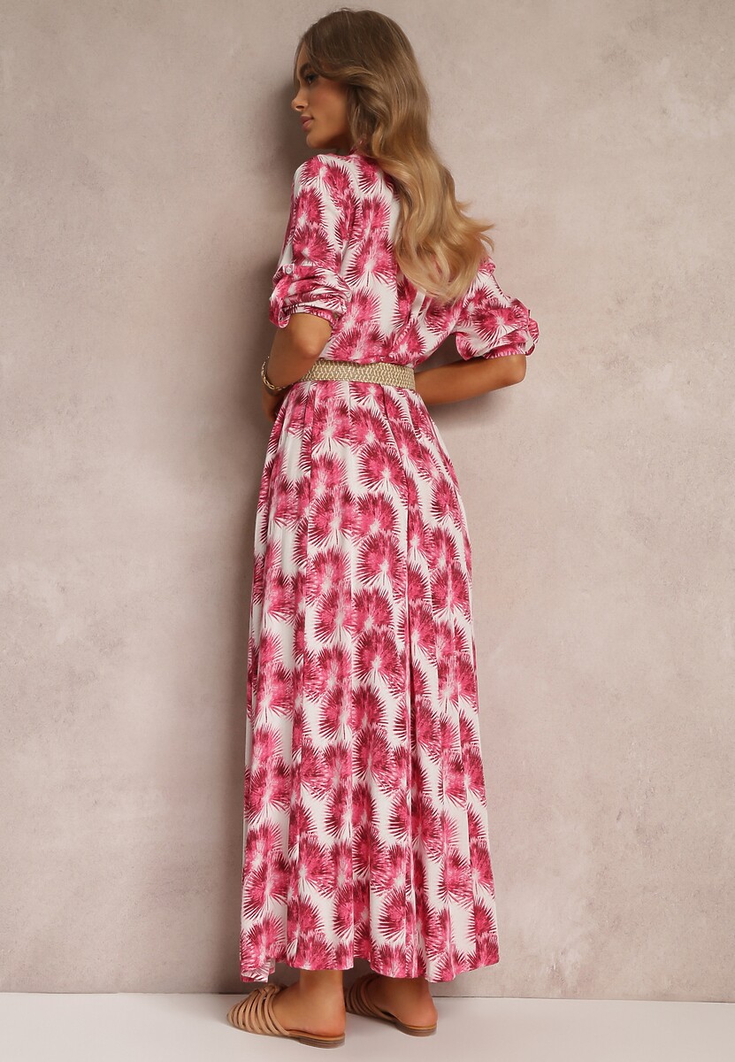 Fuksjowa Koszulowa Sukienka Maxi z Guzikami i Podpinanymi Rękawami Jaye