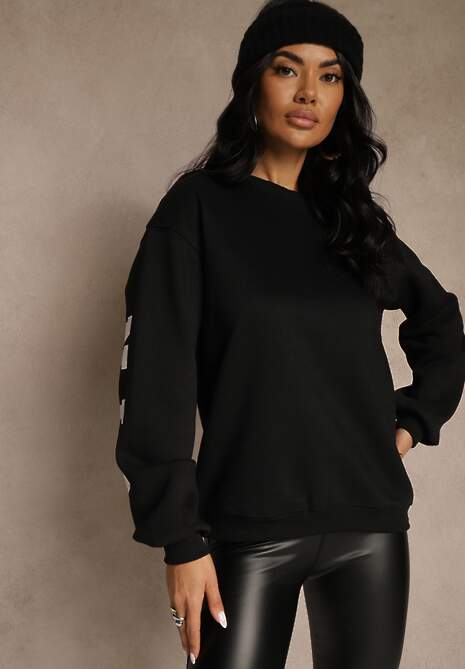 Czarna Bluza Ocieplana z Bawełną Ozdobiona Napisem Fezurra