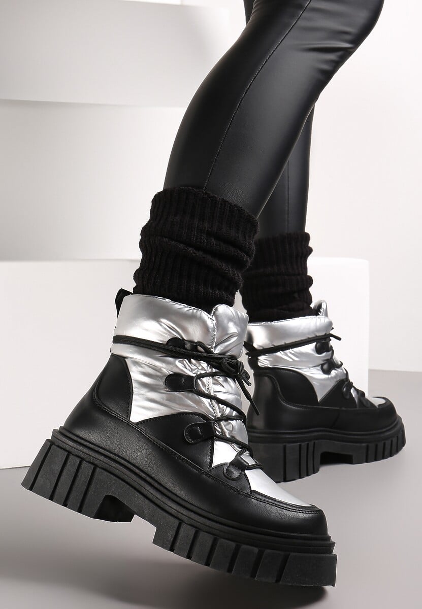 Czarno-Srebrne Sznurowane Śniegowce na Masywnej Podeszwie Pervenna