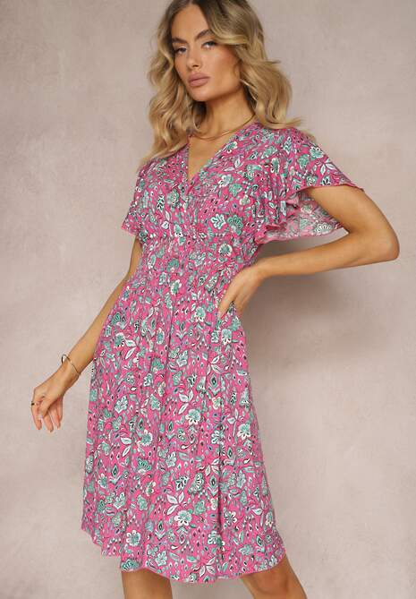 Różowa Kwiecista Sukienka z Wiskozy z Dekoltem w Serek i Gumką w Pasie Miralia