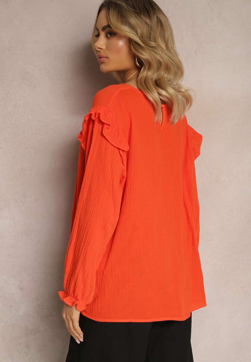 Pomarańczowa Bawełniana Bluzka z Trójkątnym Dekoltem i Ozdobną Falbanką Redsta