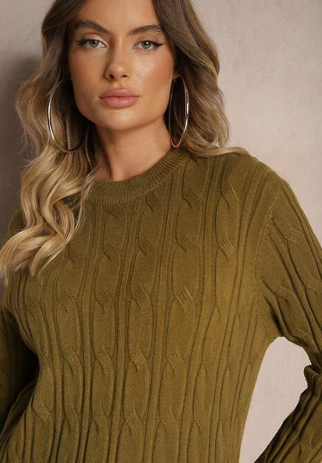 Ciemnozielony Sweter z Wiskozą Ozdobiony Tłoczeniem Savra