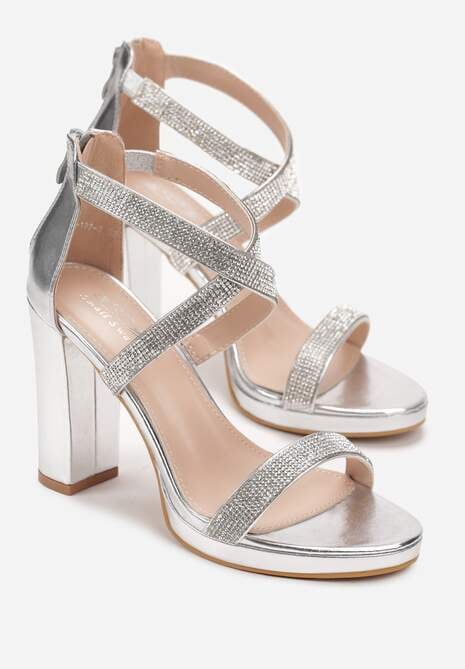 Srebrne Sandały na Słupku z Paskami w Cyrkonie Nelsa
