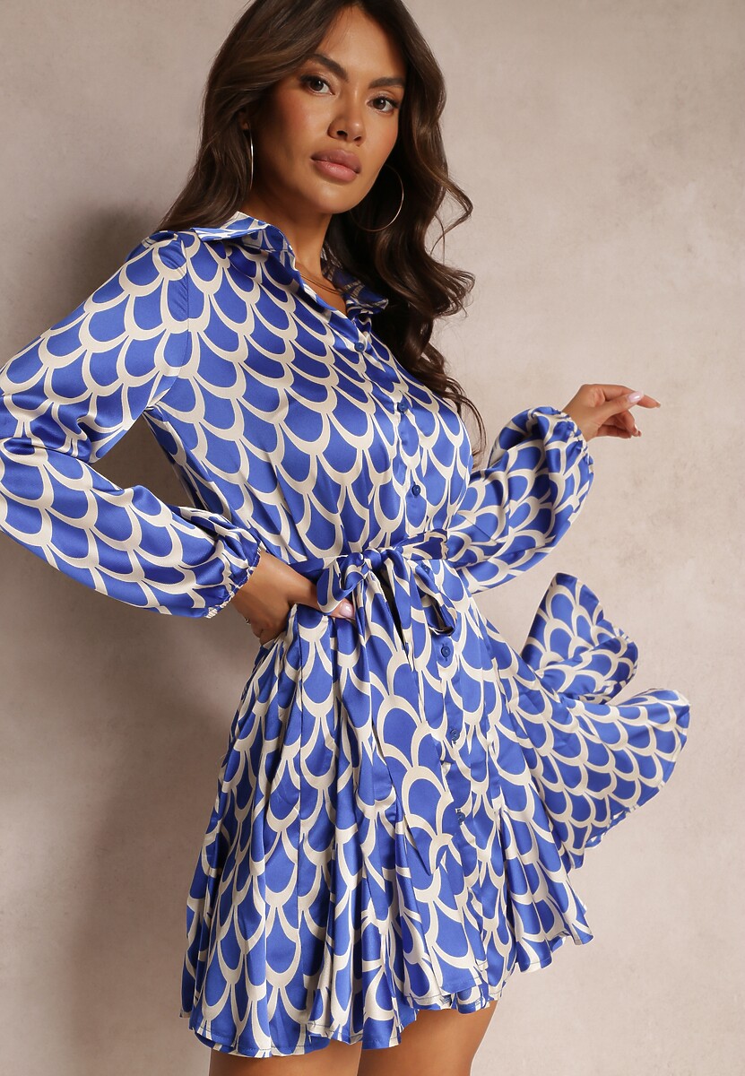 Niebieska Sukienka Koszulowa z Falbanką i Wiązanym Paskiem Calalla