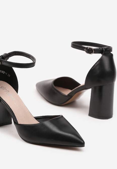 Czarne Czółenka z Ekoskóry na Obcasie ze Skórzaną Wkładką i Paskiem Wokół Kostki Veliona