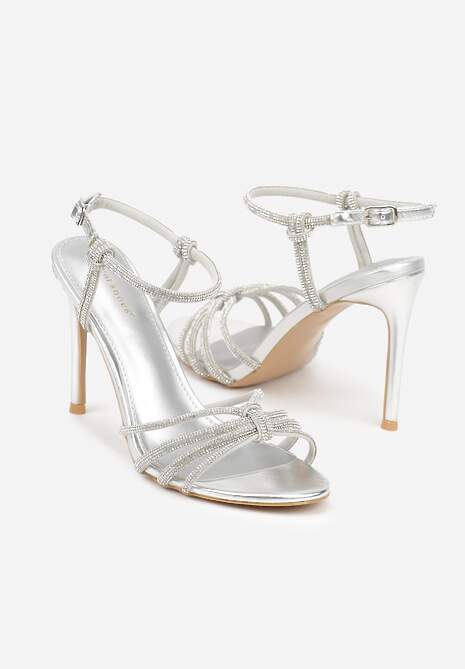 Srebrne Sandały na Szpilce z Przeplatanymi Paskami z Cyrkoniami Lunafera