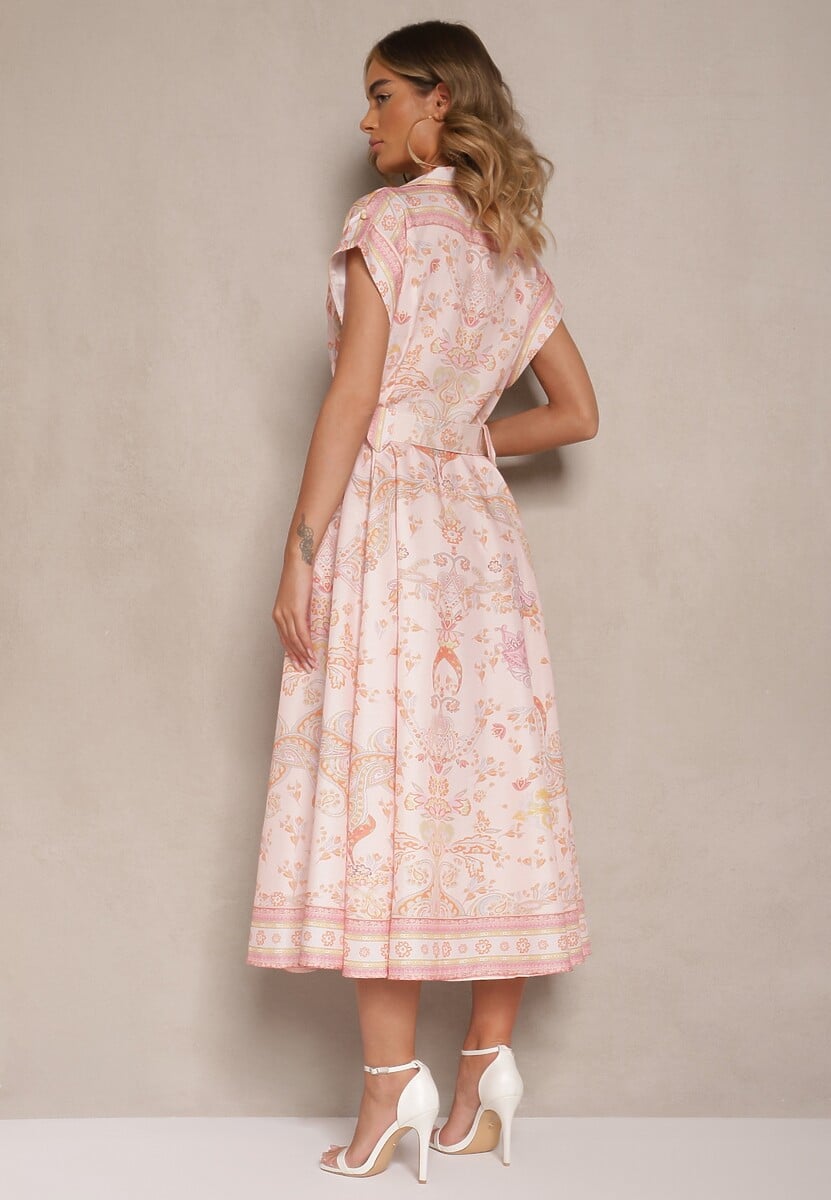 Różowa Sukienka z Lnu i Wiskozy o Koszulowym Kroju z Paskiem z Klamrą Aluvanna