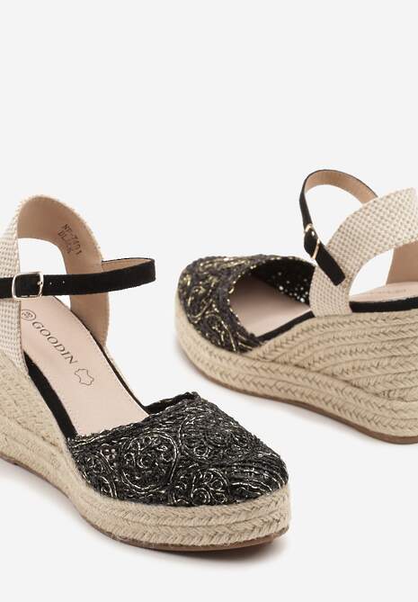 Czarne Sandały Boho na Plecionym Koturnie z Wkładką ze Skóry Naturalnej Maniffia