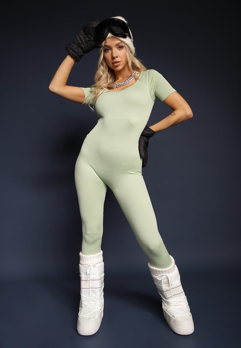 Jasnozielony Prążkowany Kombinezon Bodycon z Długimi Nogawkami i Krótkimi Rękawami Vittone