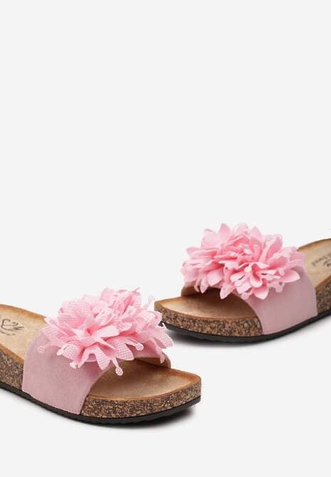 Różowe Klapki na Korkowej Podeszwie z Ozdobnym Kwiatkiem Ariselda