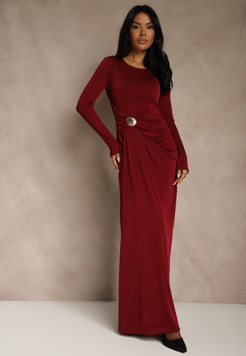 Brązowa Marszczona Sukienka Koktajlowa Zdobiona Aplikacją w Talii Siweda