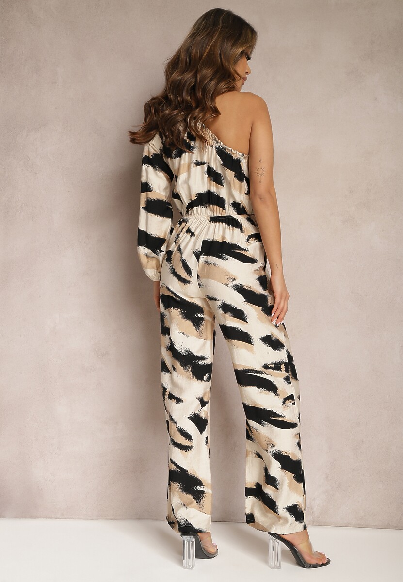 Beżowo-Czarny Długi Kombinezon z Asymetryczną Górą na Jedno Ramię Stasaria