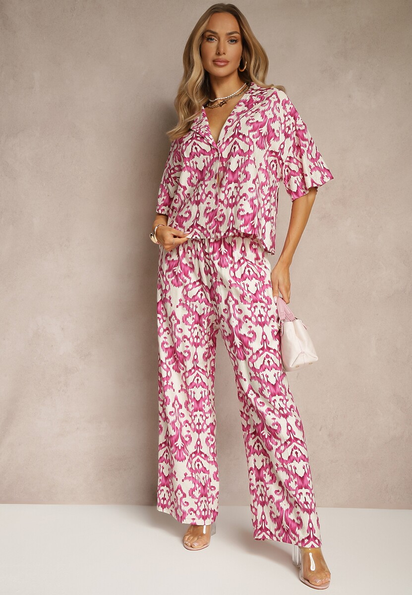 Różowy Wiskozowy Komplet w Ornamentalny Print Koszula i Szerokie Spodnie Sarilsa