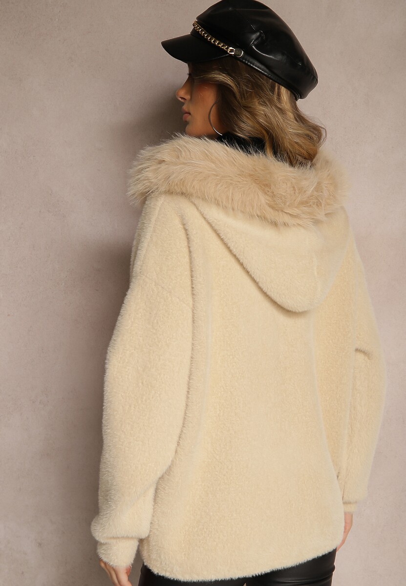 Beżowa Bluza z Wełną Wiskozą Kapturem Odpinanym Futerkiem i Pomponami Delailith