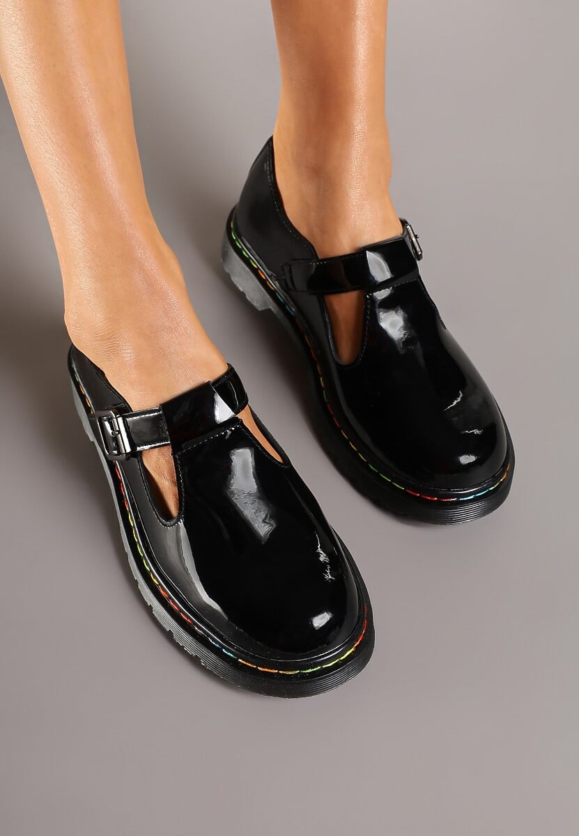 Czarne Lakierowane Półbuty ze Skóry Naturalnej Zdobione Kolorową Nitką Labinae