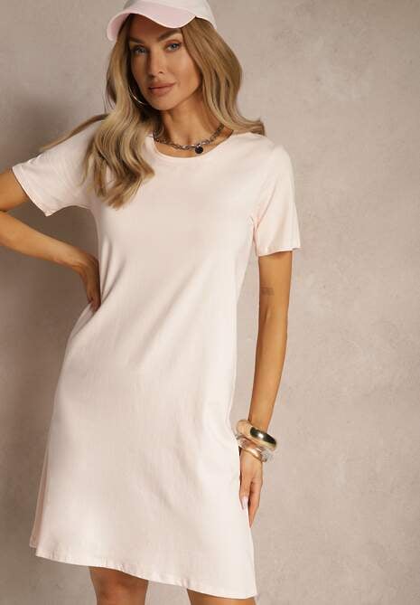 Jasnoróżowa Sukienka z Bawełny o T-shirtowym Fasonie Niliora