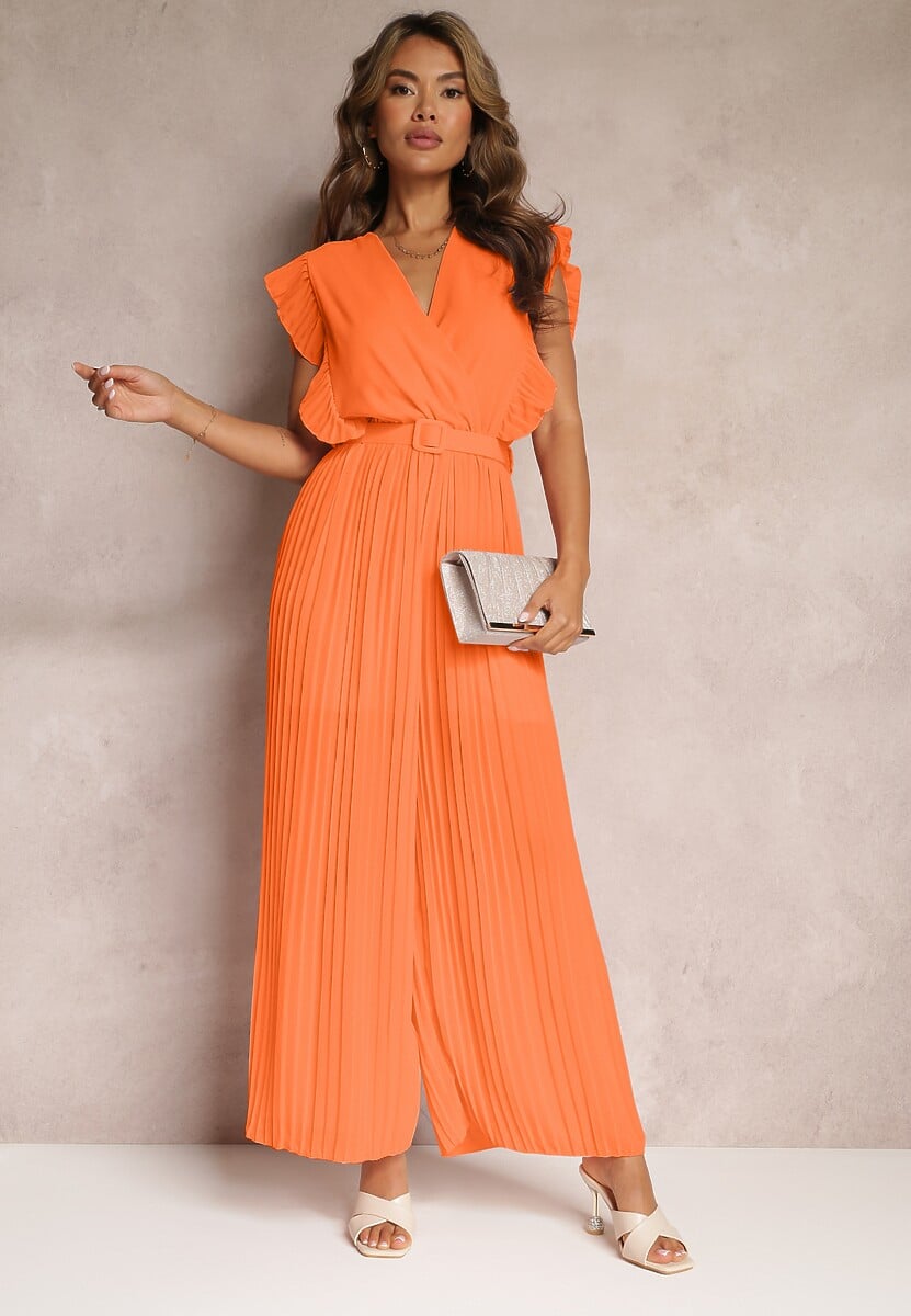 Pomarańczowy Plisowany Kombinezon z Falbankami i Szerokimi Nogawkami Jarina