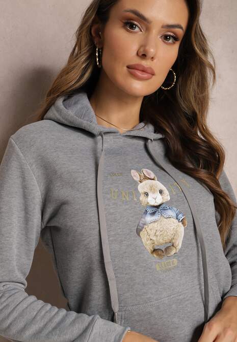 Szara Ocieplana Bluza z Ozdobnym Nadrukiem i Kapturem Hitee