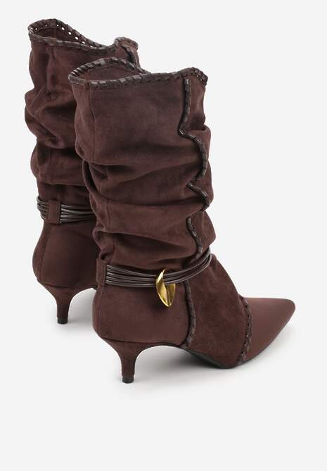 Brązowe Botki na Kaczuszce Slouchy Ozdobione Metaliczną Aplikacją i Sznurkiem Avodvire