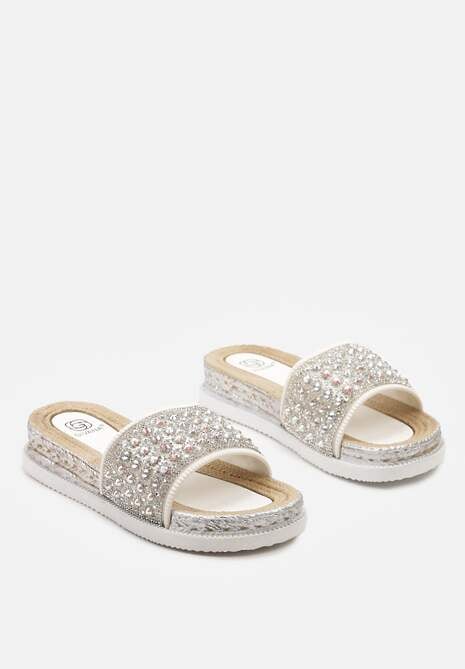 Białe Klapki z Cyrkoniami na Niskiej Platformie Watria