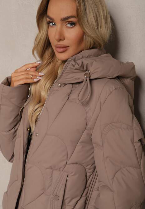 Ciemnobeżowa Pudełkowa Kurtka Zdobiona Pikowanymi Przeszyciami z Kapturem i Ściągaczami Ziasha