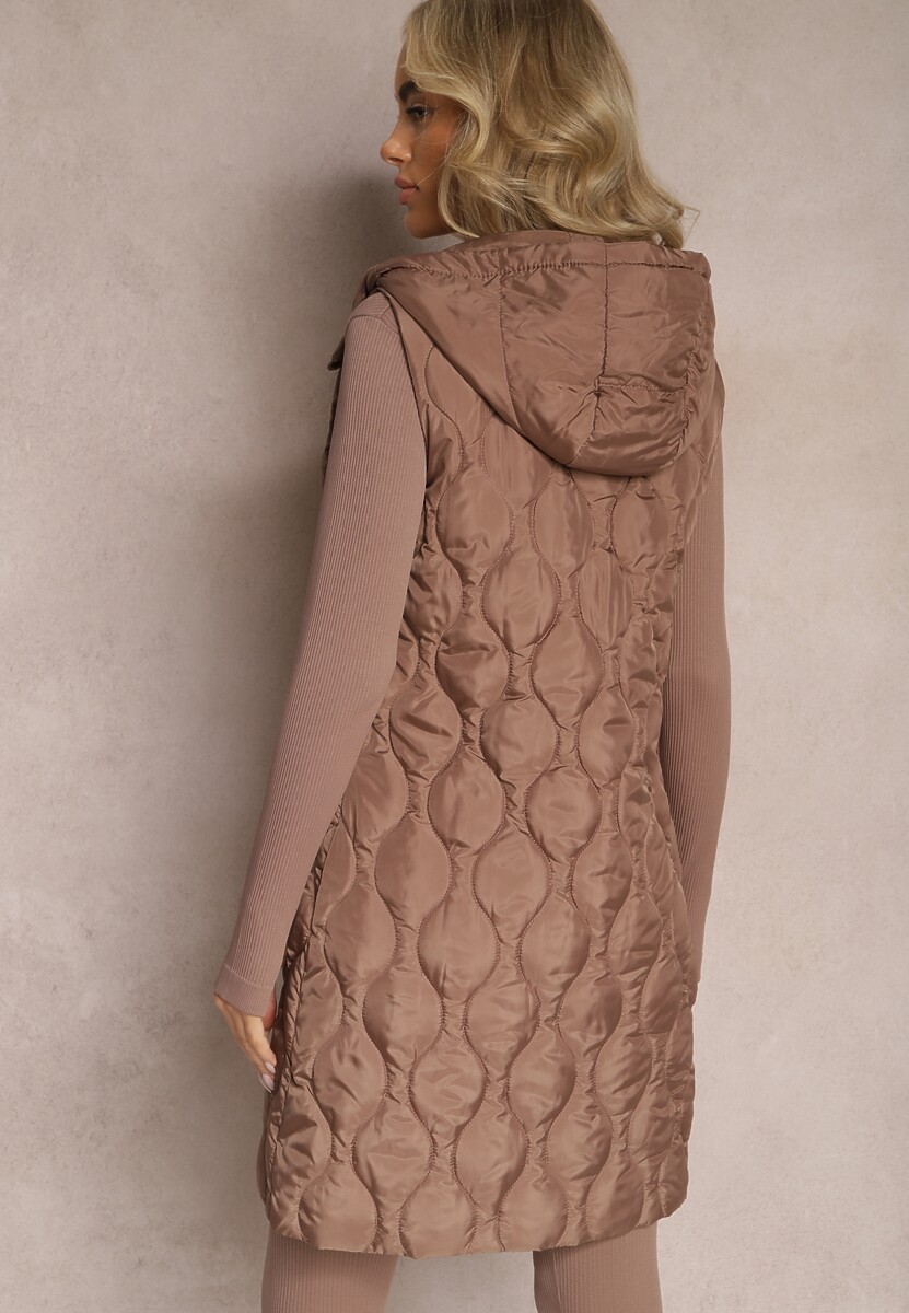 Brązowa Długa Kamizelka Pikowana z Kapturem Nallona